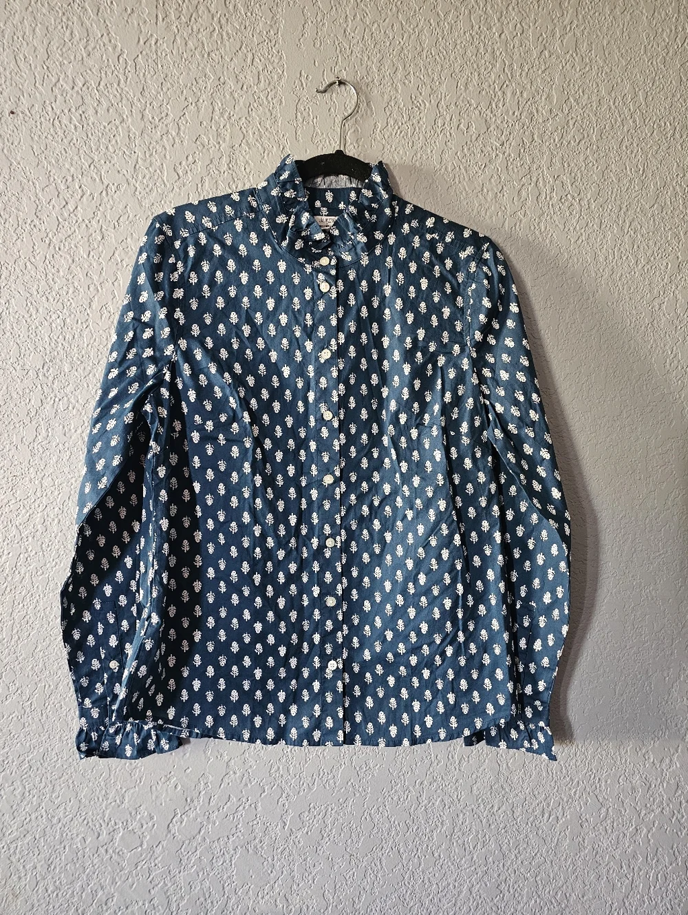 J. Crew Teal Blue Button-Up Shirt with White Motif